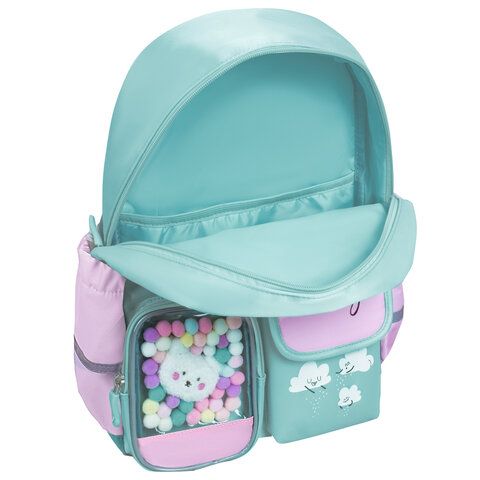 Рюкзак BRAUBERG PASTEL с термонашивками в комплекте, &quot;Funny clouds&quot;, мятный, 40х29х14 см, 271421