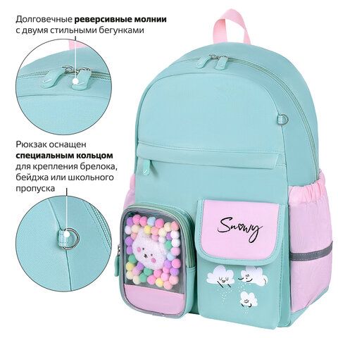 Рюкзак BRAUBERG PASTEL с термонашивками в комплекте, &quot;Funny clouds&quot;, мятный, 40х29х14 см, 271421