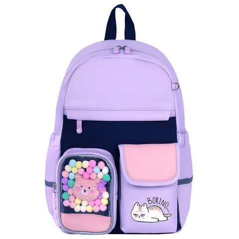Рюкзак BRAUBERG PASTEL с термонашивками в комплекте, &quot;Lazy cat&quot;, сиреневый, 40х29х14 см, 271422