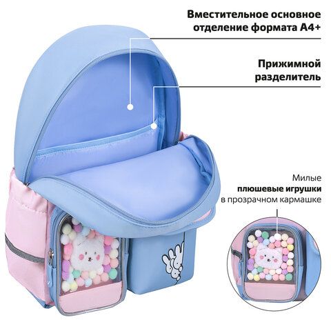 Рюкзак BRAUBERG PASTEL с термонашивками в комплекте, &quot;Friendly bunnies&quot;, голубой, 40х29х14 см, 271423