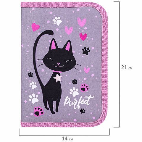 Пенал BRAUBERG, 1 отделение, 2 откидные планки, полиэстер, 21х14 см, &quot;Elegant cat&quot;, 271514