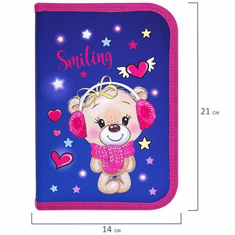 Пенал BRAUBERG, 1 отделение, 2 откидные планки, полиэстер, 21х14 см, &quot;Smiling bear&quot;, 271515