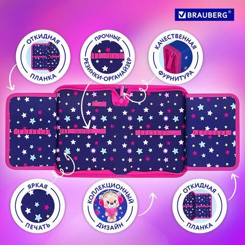 Пенал BRAUBERG, 1 отделение, 2 откидные планки, полиэстер, 21х14 см, &quot;Smiling bear&quot;, 271515