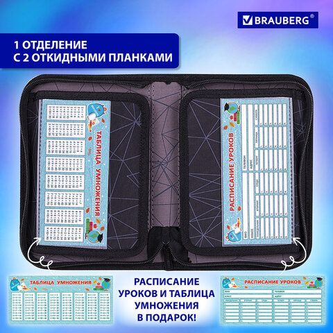 Пенал BRAUBERG, 1 отделение, 2 откидные планки, полиэстер, 21х14 см, &quot;UFO&quot;, 271516