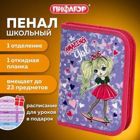 Пенал ПИФАГОР, 1 отделение 1 откидная планка, полиэстер, 19х13 см, &quot;Amazing Girl&quot;, 271518
