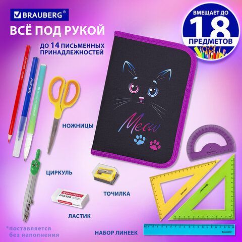 Пенал BRAUBERG, 1 отделение, полиэстер, 21х14 см, &quot;Black Cat&quot;, 271529