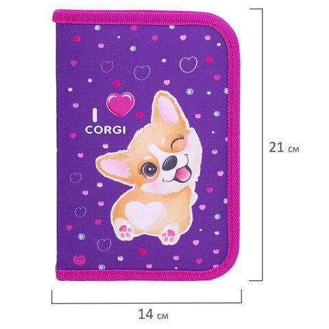 Пенал BRAUBERG, 1 отделение, полиэстер, 21х14 см, &quot;I love corgi&quot;, 271530