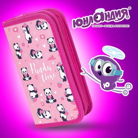 Пенал ЮНЛАНДИЯ, 2 отделения, полиэстер, 19х11 см, &quot;Pandamania&quot;, 271540