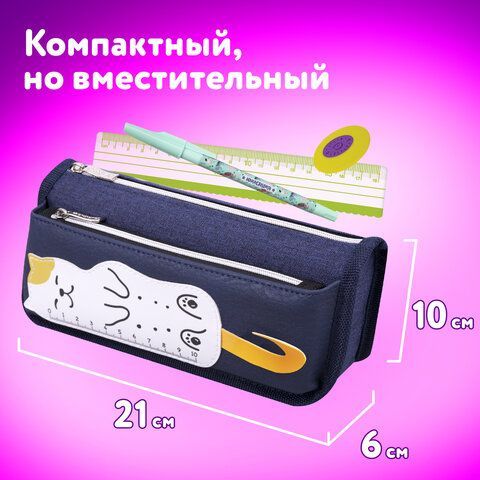 Пенал мягкий ЮНЛАНДИЯ, 2 отделения, полиэстер, &quot;Cats rule&quot;, синий, 21х9х6 см, 271576