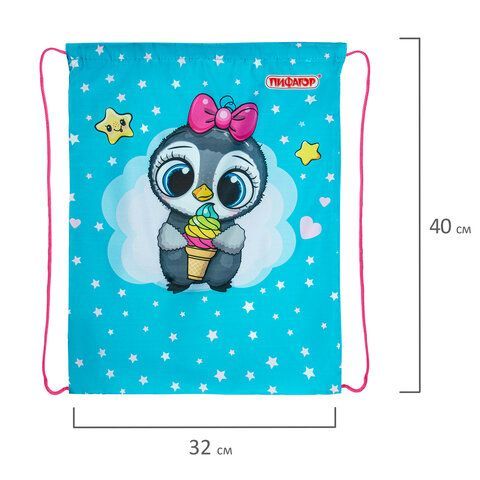 Мешок для обуви ПИФАГОР, 1 отделение, 40х32 см, &quot;Smart penguin&quot;, 271602