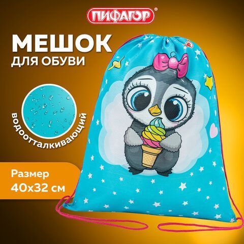 Мешок для обуви ПИФАГОР, 1 отделение, 40х32 см, &quot;Smart penguin&quot;, 271602