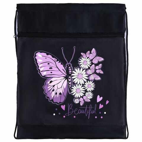 Мешок для обуви BRAUBERG, с петлёй, карман на молнии, 47х37 см, "Butterfly", 271607