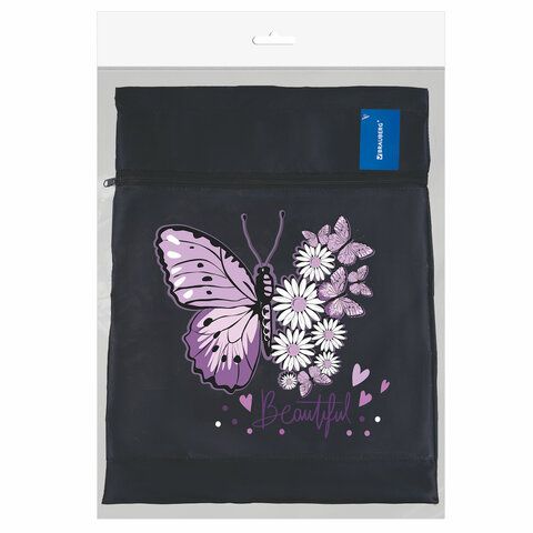 Мешок для обуви BRAUBERG, с петлёй, карман на молнии, 47х37 см, "Butterfly", 271607