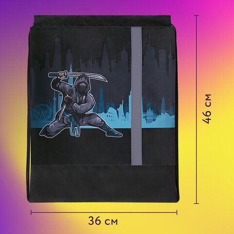 Мешок для обуви ЮНЛАНДИЯ, плотный, светоотражающая полоса, 46х36 см, &quot;Black Ninja&quot;, 271615