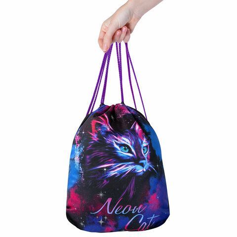 Мешок для обуви BRAUBERG PREMIUM, карман, подкладка, светоотражайка, 43х33 см, &quot;Neon cat&quot;, 271621