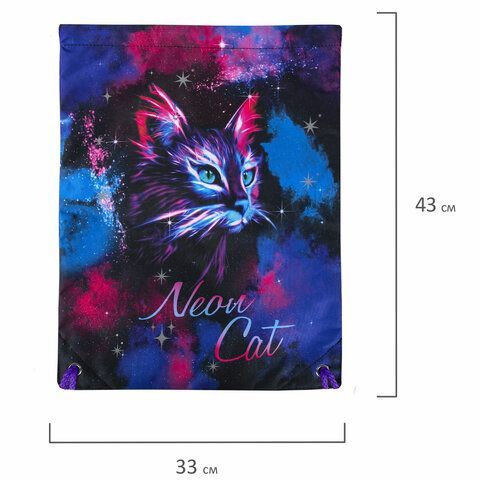 Мешок для обуви BRAUBERG PREMIUM, карман, подкладка, светоотражайка, 43х33 см, &quot;Neon cat&quot;, 271621
