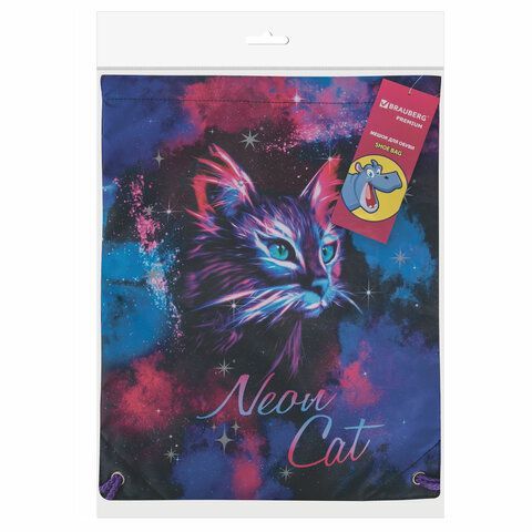 Мешок для обуви BRAUBERG PREMIUM, карман, подкладка, светоотражайка, 43х33 см, &quot;Neon cat&quot;, 271621