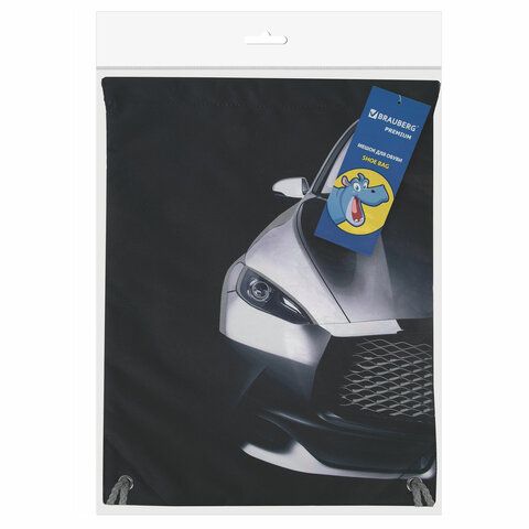 Мешок для обуви BRAUBERG PREMIUM, карман, подкладка, светоотражайка, 43х33 см, &quot;Black car&quot;, 271623