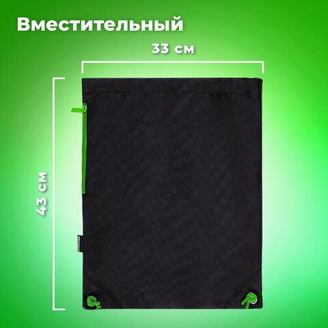 Мешок для обуви BRAUBERG плотный, карман на молнии, подкладка, 43х33 см, &quot;Neon Green&quot;, 271625