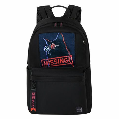 Рюкзак BRAUBERG FASHION CITY универсальный, карман-антивор, &quot;Missing cat&quot;, черный, 44х31х16 см, 271673