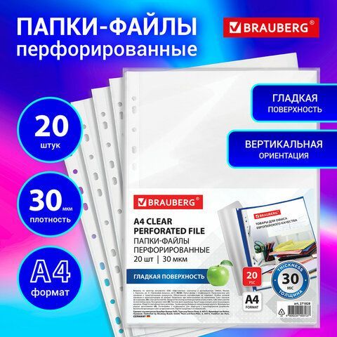 Папки-файлы перфорированные А4 BRAUBERG 5 шт., КОМПЛЕКТ 20 шт., гладкие, 30 мкм, 271828