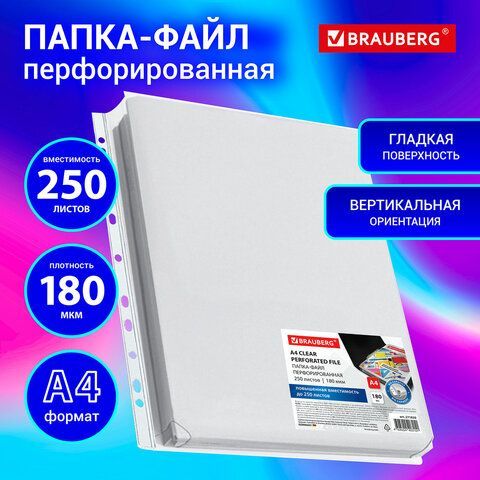 Папка-файл перфорированная 1 штука БОЛЬШОЙ ВМЕСТИМОСТИ до 250 л., A4, ПВХ, 180 мкм, BRAUBERG 2 шт., 271830
