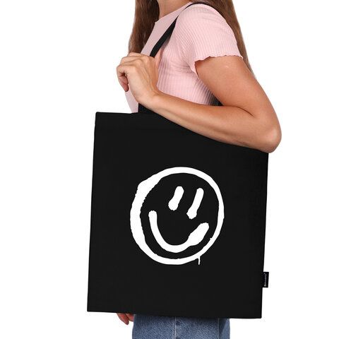 Сумка-шоппер BRAUBERG, канвас, 40х35 см, черный, &quot;Smiley&quot;, 271900