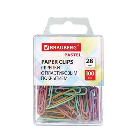 Скрепки BRAUBERG PASTEL 28 мм пастельные цвета, 100 штук, в пластиковой коробке, 27хх