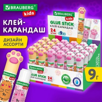 Клей-карандаш "Лапки" Cat Paw, 9 г, фигурный колпачок, BRAUBERG KIDS 24 шт., 271981