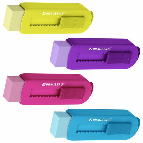 Ластик выдвижной BRAUBERG 12 шт. &quot;Slider&quot;, 88х26х21мм, яркие цвета корпуса ассорти, 271985
