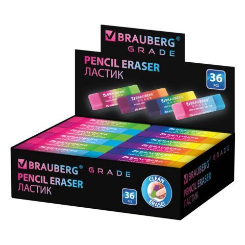 Ластик BRAUBERG 36 шт. GRADE, 60х15х10мм, картонный держатель, цвет ассорти, 271997