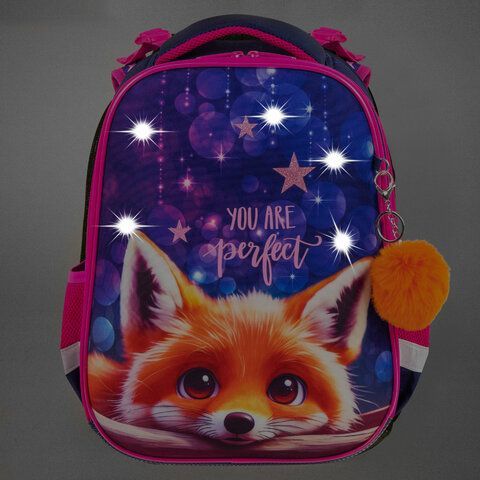 Ранец BRAUBERG PREMIUM, 2 отделения, с брелоком, &quot;Cute fox&quot;, LED-ЛАМПОЧКИ, 38х29х16 см, 272019