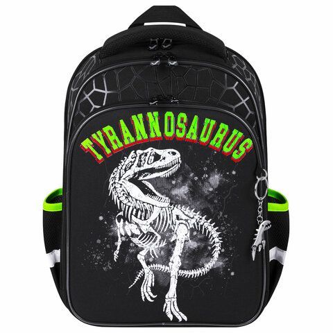 Ранец BRAUBERG QUADRO, 3 отделения, с брелком, &quot;Tyrannosaur&quot;, светящийся рисунок, 37х28х18 см, 272021