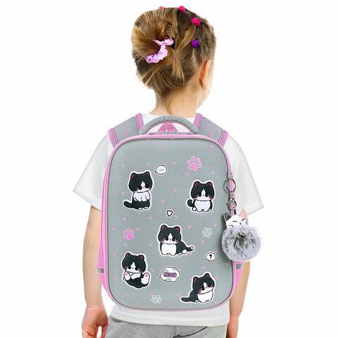 Ранец BRAUBERG LIGHT, 1 отделение, с брелоком, &quot;Cat patches&quot;, плюшевые нашивки, 36х26х13 см, 272030