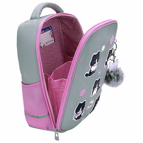 Ранец BRAUBERG LIGHT, 1 отделение, с брелоком, &quot;Cat patches&quot;, плюшевые нашивки, 36х26х13 см, 272030