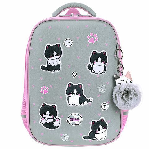 Ранец BRAUBERG LIGHT, 1 отделение, с брелоком, &quot;Cat patches&quot;, плюшевые нашивки, 36х26х13 см, 272030
