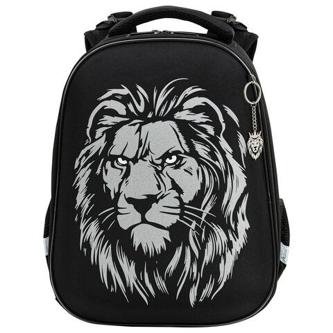Ранец BRAUBERG SHINY, 2 отделения, с брелком, &quot;Savage lion&quot;, светящийся рисунок, 38х28х14 см, 272039