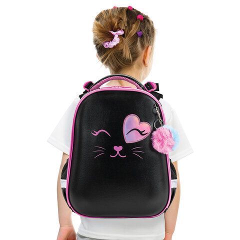 Ранец BRAUBERG SHINY, 2 отделения, с брелком, &quot;Smiling cat&quot;, 38х28х14 см, 272040
