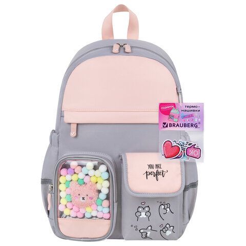 Рюкзак BRAUBERG PASTEL с термонашивками в комплекте, &quot;Sweet paws&quot;, серый, 40х29х14 см, 272064