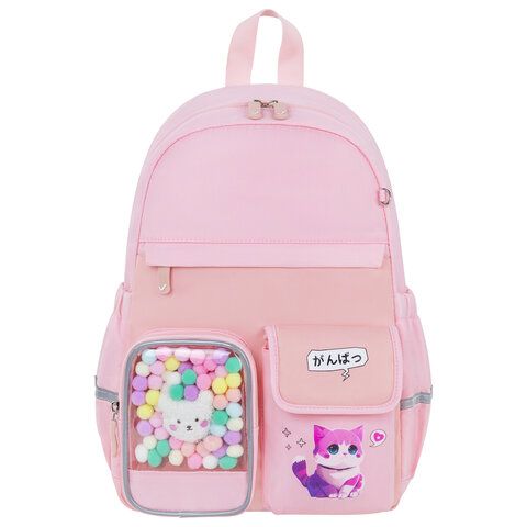 Рюкзак BRAUBERG PASTEL с термонашивками в комплекте, &quot;Anime kitten&quot;, персиковый, 40х29х14 см, 272065