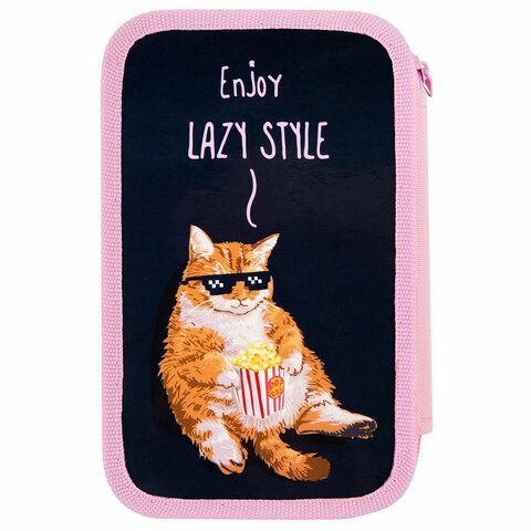 Пенал ПИФАГОР, 3 отделения, ламинированный картон, 19х11 см, &quot;Lazy cat&quot;, 272252
