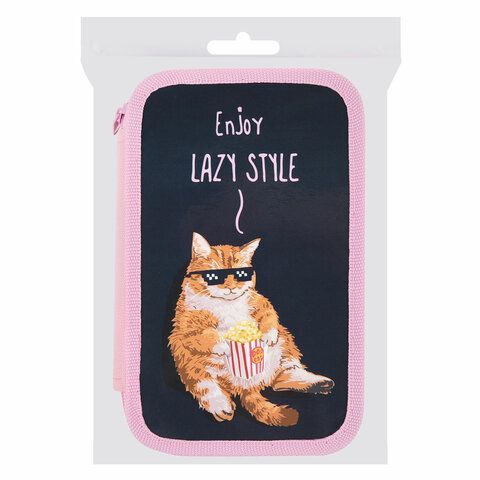 Пенал ПИФАГОР, 3 отделения, ламинированный картон, 19х11 см, &quot;Lazy cat&quot;, 272252