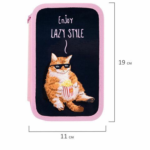 Пенал ПИФАГОР, 3 отделения, ламинированный картон, 19х11 см, &quot;Lazy cat&quot;, 272252