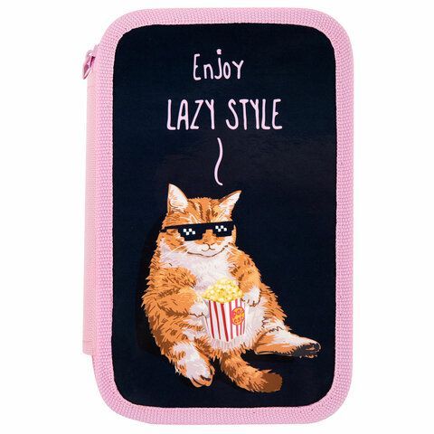 Пенал ПИФАГОР, 3 отделения, ламинированный картон, 19х11 см, &quot;Lazy cat&quot;, 272252