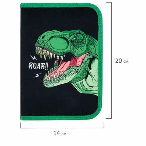 Пенал ПИФАГОР, 1 отделение, 2 откидные планки, полиэстер, 20х14 см, &quot;Dino roar&quot;, 272290