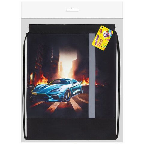Мешок для обуви ЮНЛАНДИЯ, плотный, светоотражающая полоса, 46х36 см, &quot;Fire car&quot;, 272411