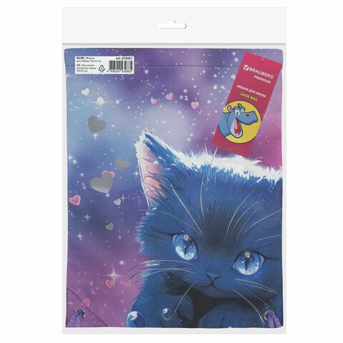 Мешок для обуви BRAUBERG PREMIUM, карман, подклад., светоотр., 43х33 см, Anime cat, 272421