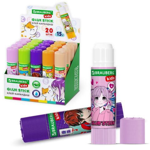 Клей-карандаш &quot;Anime&quot; 15 г, BRAUBERG KIDS 20 шт., ассорти, 272472