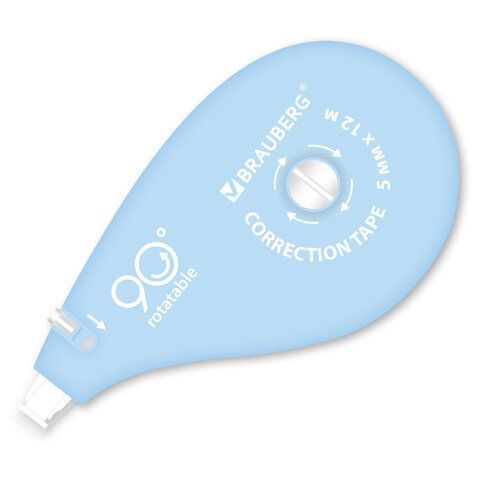 Корректирующая лента BRAUBERG 2 шт. PASTEL 5мм х 12 м, вращающийся наконечник 90°, механизм перемотки, корпус голубой, блистер, 272488