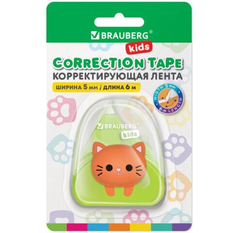 Корректирующая лента BRAUBERG KIDS Котенок, 5 мм х 6 м, корпус ассорти, блистер, 272494